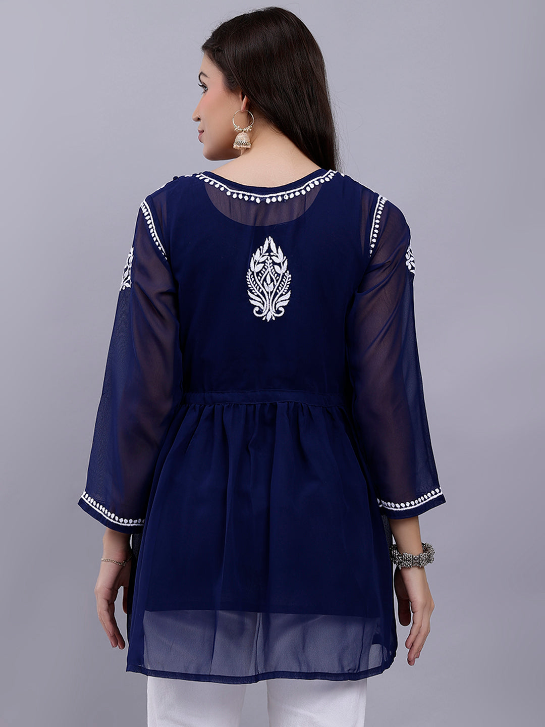 Navy Blue Georgette Angarkha Chikankari Tunic With Slip