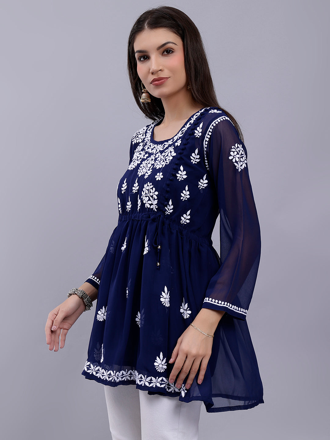 Navy Blue Georgette Angarkha Chikankari Tunic With Slip