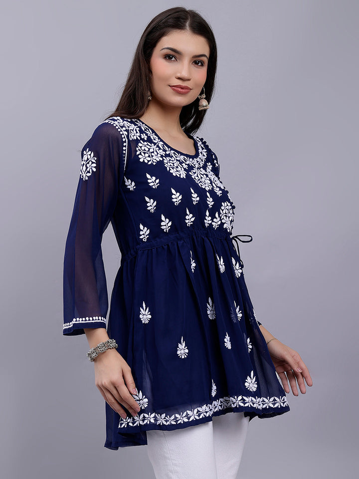 Navy Blue Georgette Angarkha Chikankari Tunic With Slip