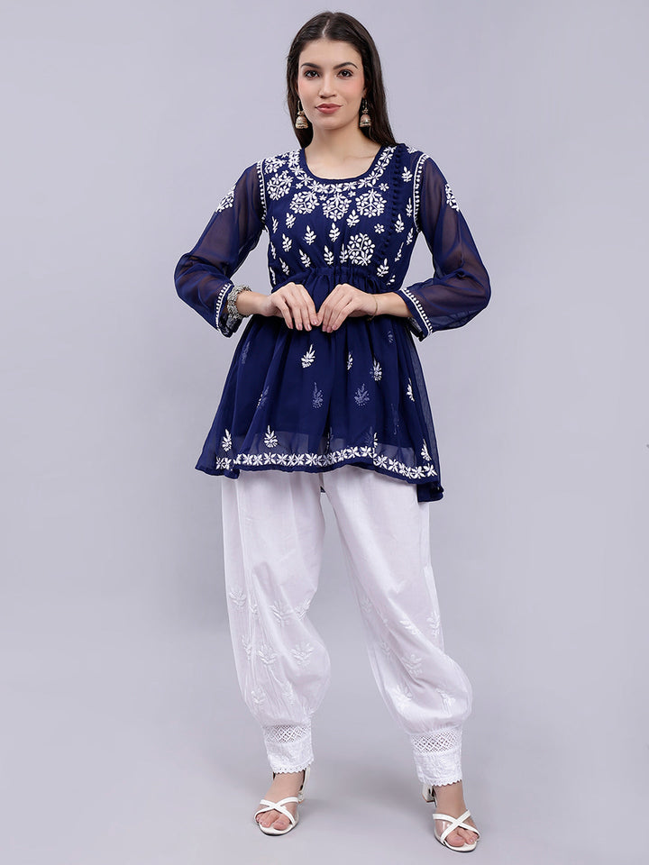 Navy Blue Georgette Chikankari Kurta With Palazzo Set