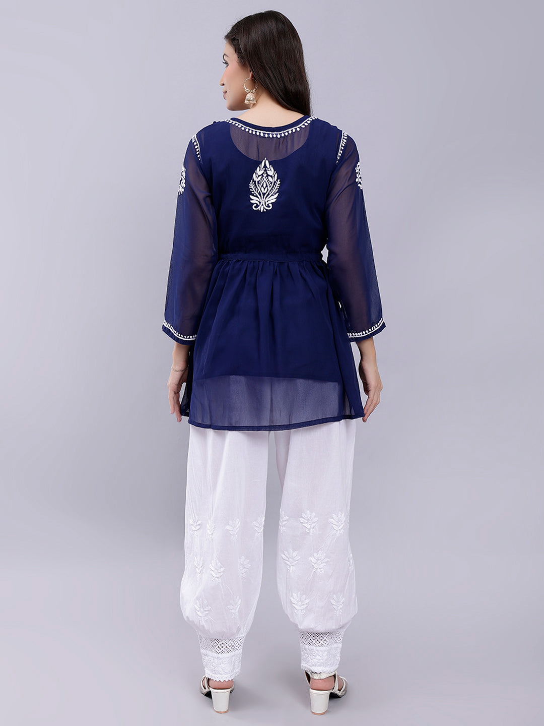 Navy Blue Georgette Chikankari Kurta With Palazzo Set