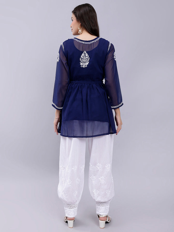 Navy Blue Georgette Chikankari Kurta With Palazzo Set