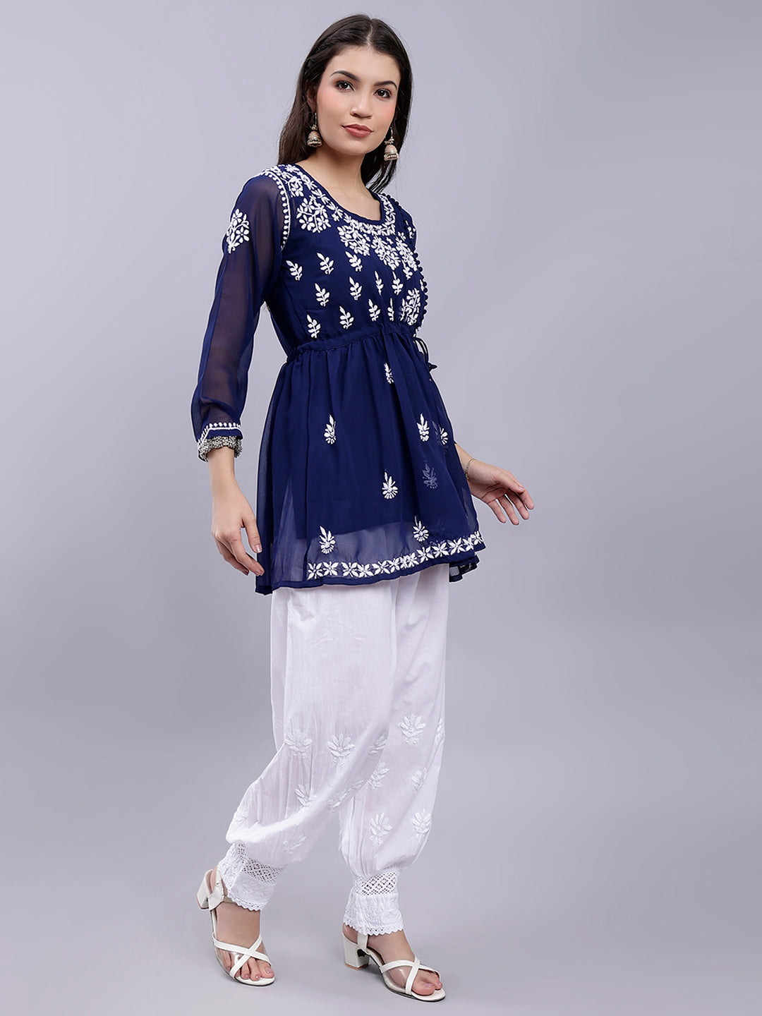 Navy Blue Georgette Chikankari Kurta With Palazzo Set