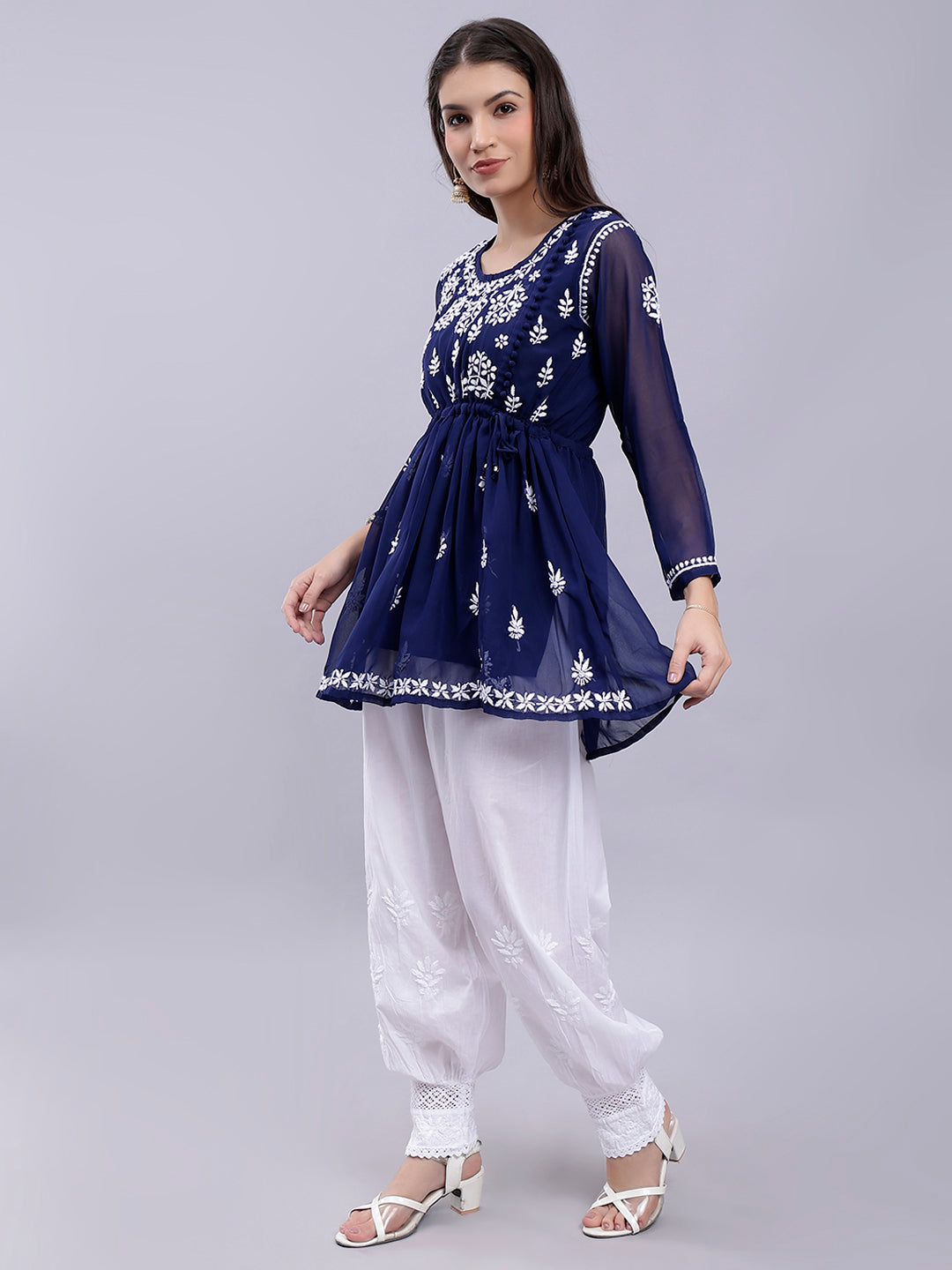 Navy Blue Georgette Chikankari Kurta With Palazzo Set