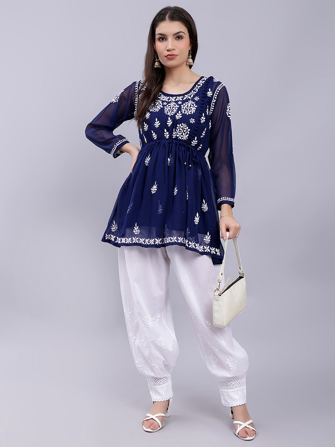 Navy Blue Georgette Chikankari Kurta With Palazzo Set