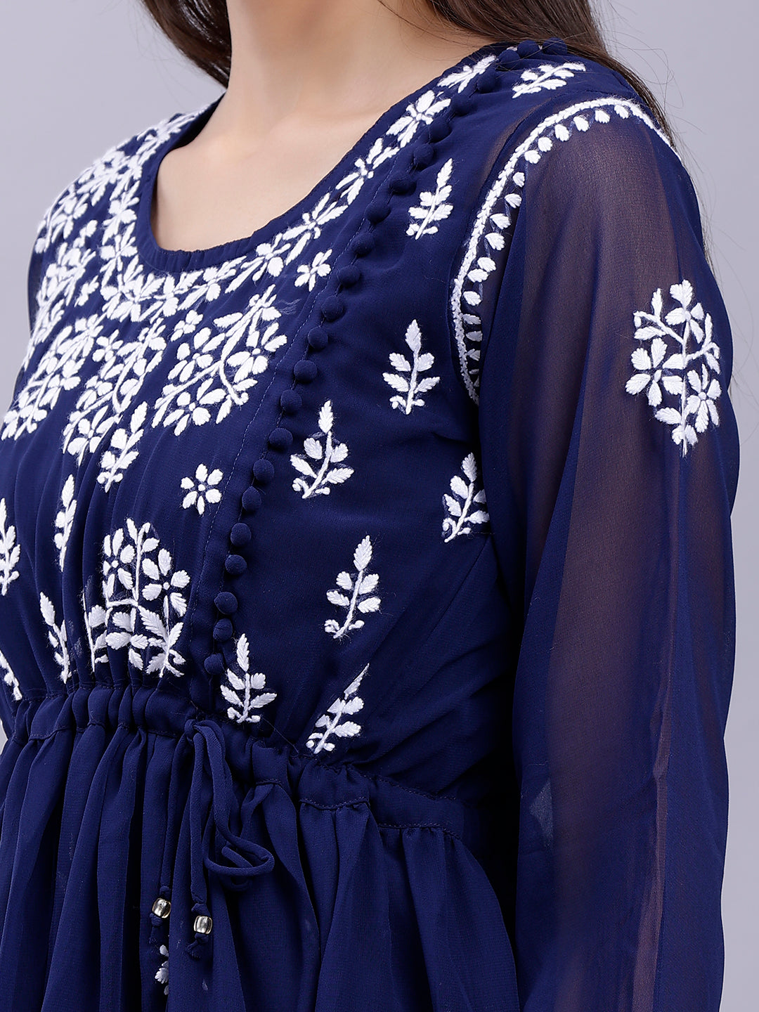 Navy Blue Georgette Chikankari Kurta With Palazzo Set