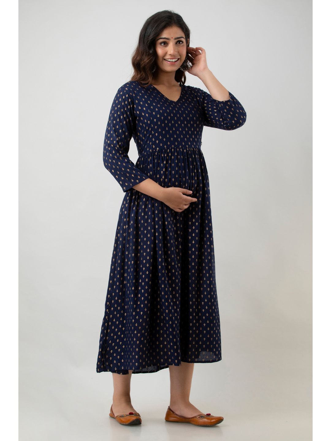 Navy Blue Gold Print Maternity Feeding Kurta