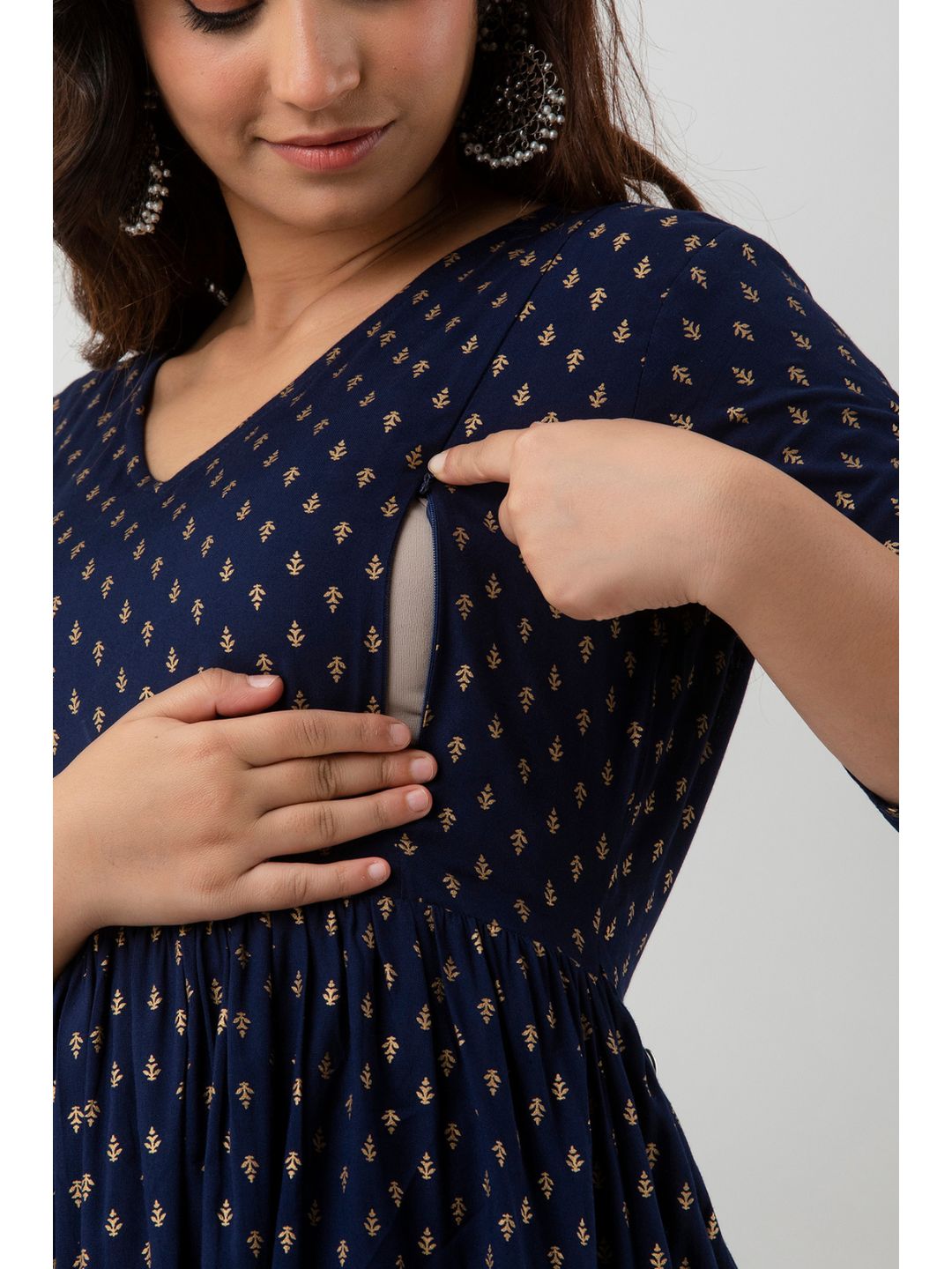 Navy Blue Gold Print Maternity Feeding Kurta