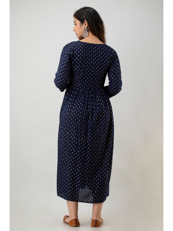 Navy Blue Gold Print Maternity Feeding Kurta