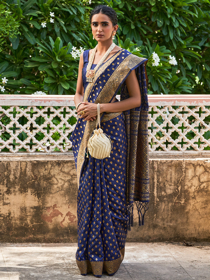 Navy Blue Hue Motifs Woven Design Banarasi Silk Saree