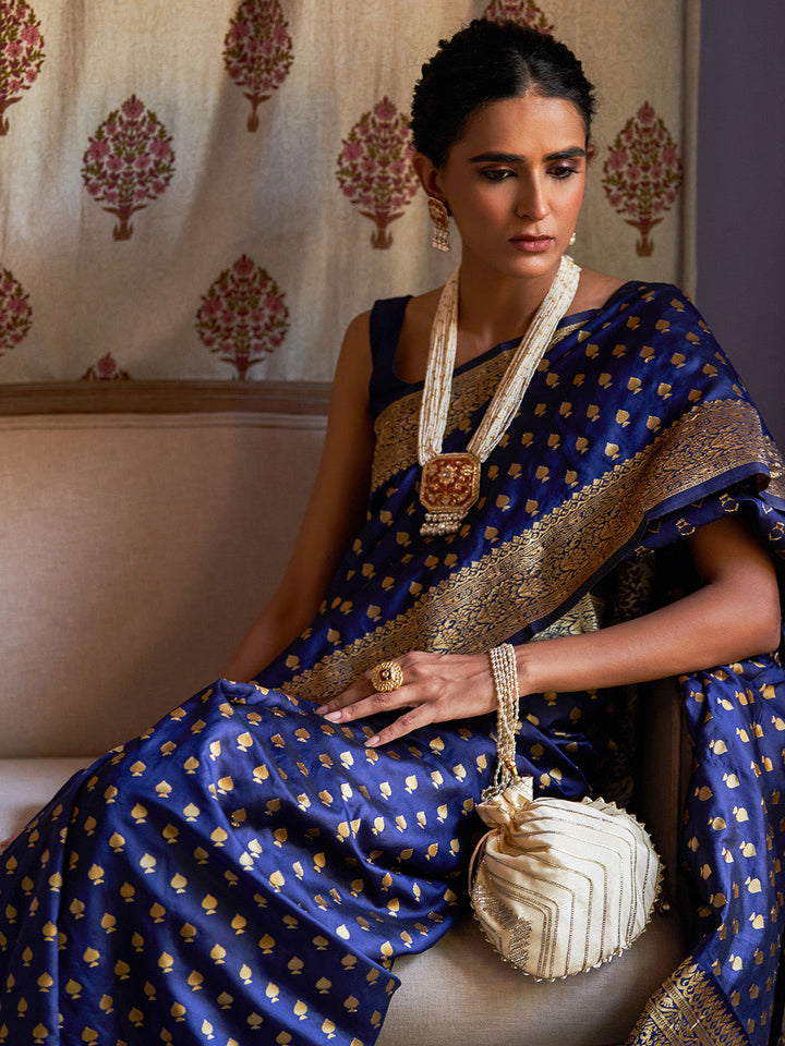 Navy Blue Hue Motifs Woven Design Banarasi Silk Saree