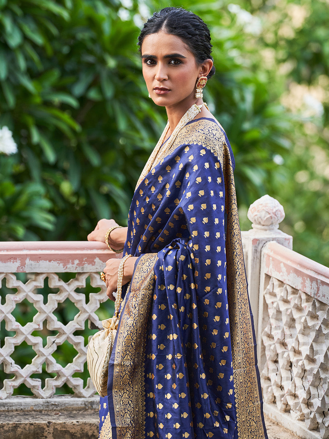 Navy Blue Hue Motifs Woven Design Banarasi Silk Saree