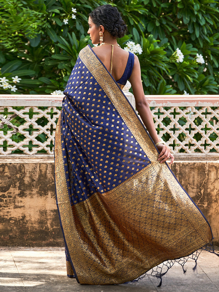 Navy Blue Hue Motifs Woven Design Banarasi Silk Saree