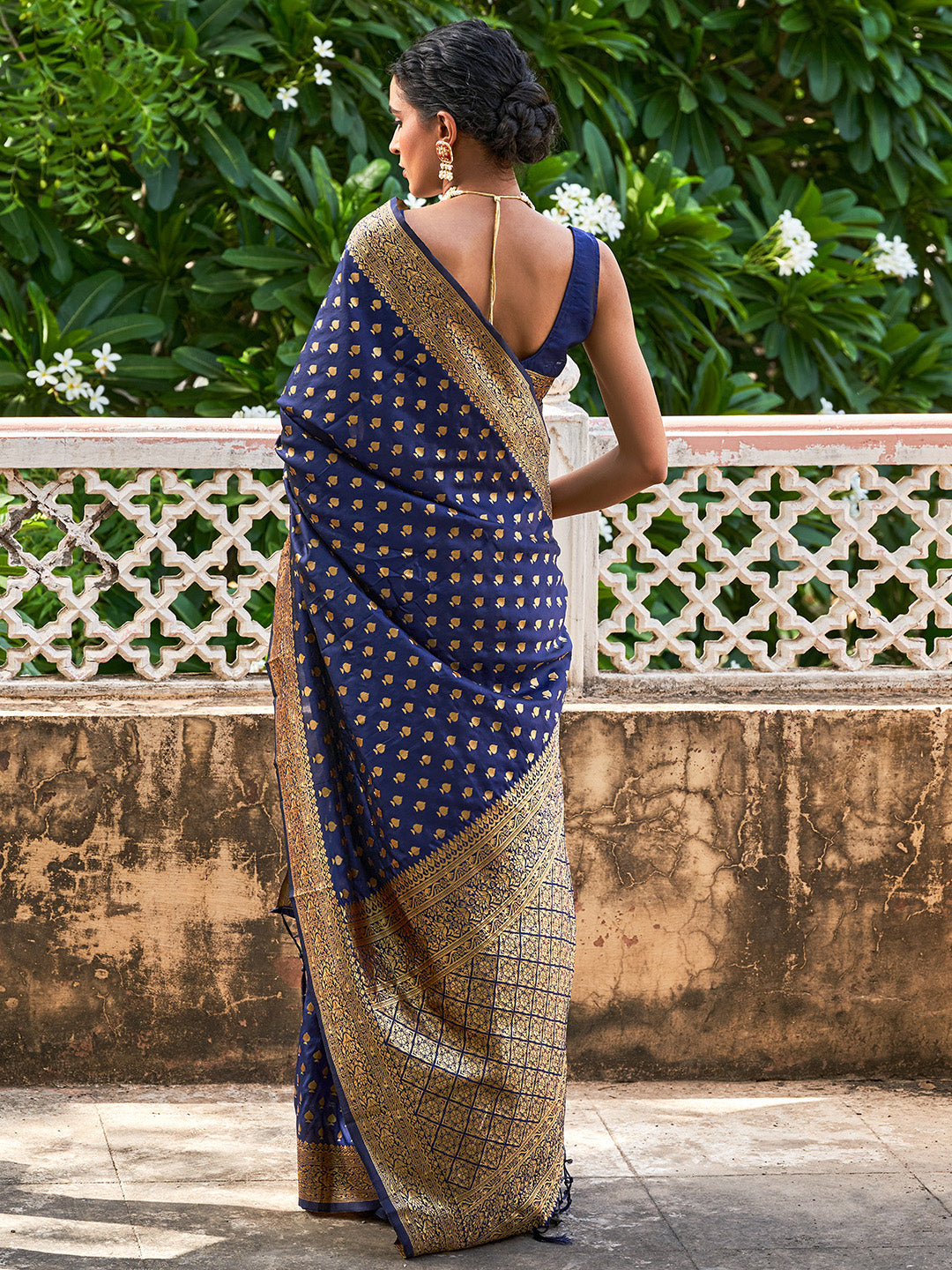 Navy Blue Hue Motifs Woven Design Banarasi Silk Saree