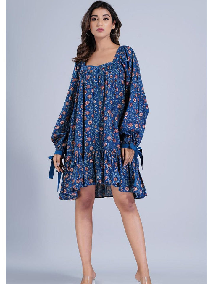 Navy Blue Loose Fit Dress With Tied Sleeves
