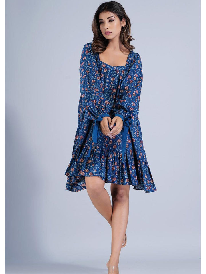 Navy Blue Loose Fit Dress With Tied Sleeves