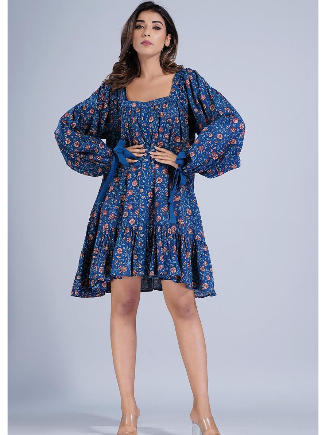 Navy Blue Loose Fit Dress With Tied Sleeves