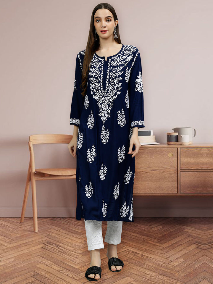 Navy-Blue-Modal-Hand-Embroidered-Chikankari-Kurti