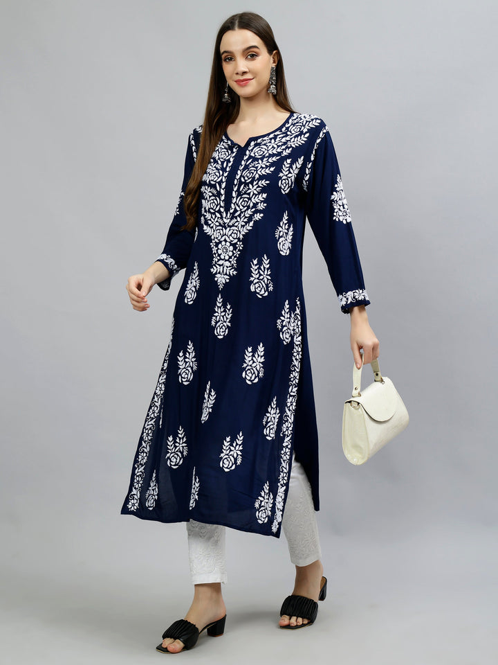 Navy-Blue-Modal-Hand-Embroidered-Chikankari-Kurti