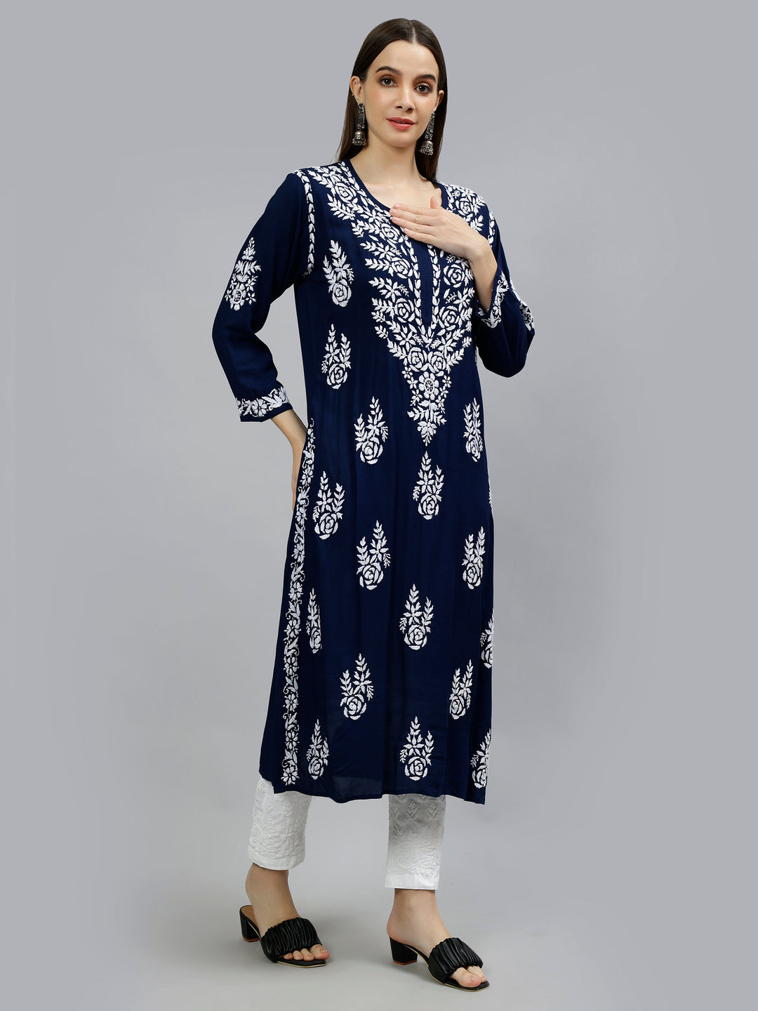 Navy-Blue-Modal-Hand-Embroidered-Chikankari-Kurti