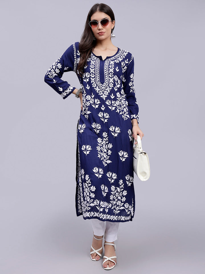 Navy Blue Modal Handwoven Chikankari Kurti