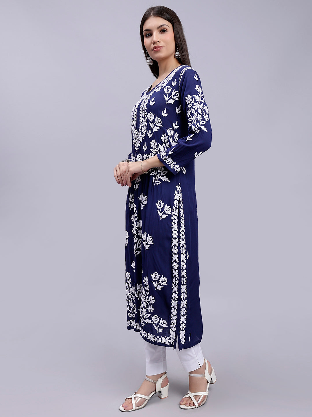 Navy Blue Modal Handwoven Chikankari Kurti