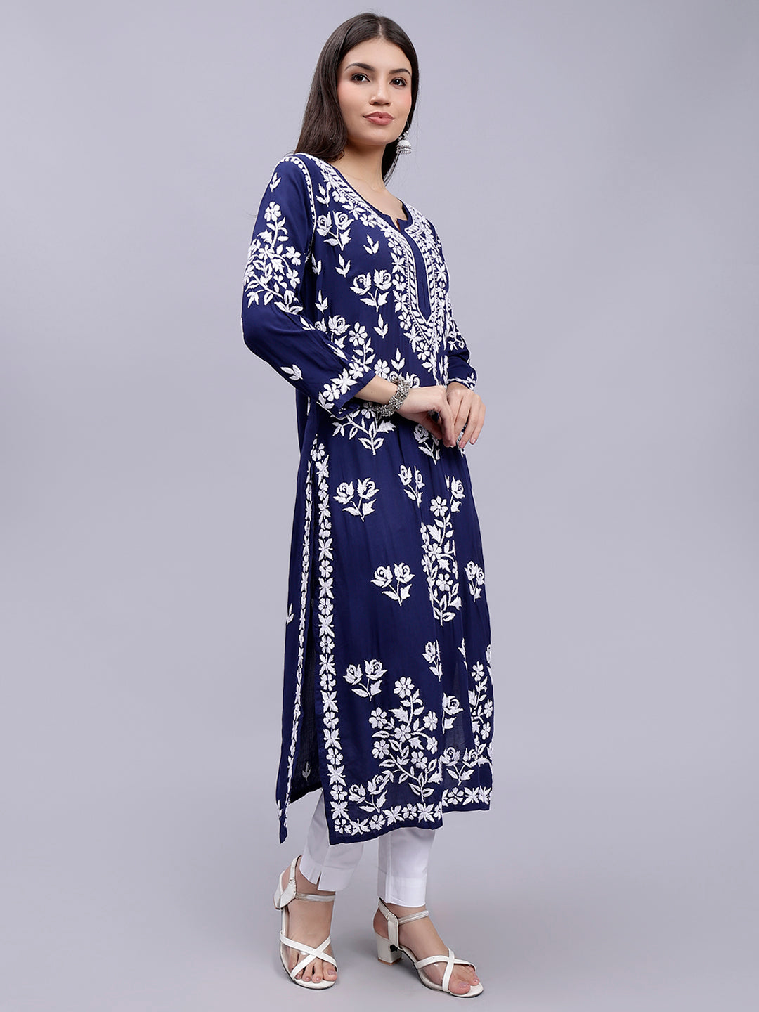 Navy Blue Modal Handwoven Chikankari Kurti