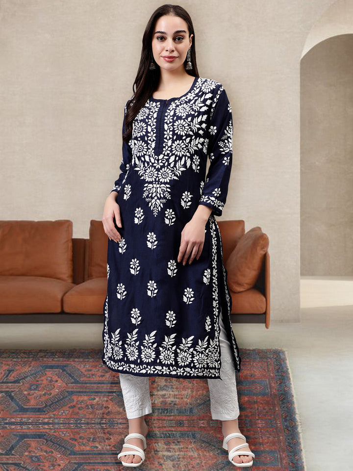 Navy-Blue-Muslin-Hand-Embroidered-Chikankari-Kurti