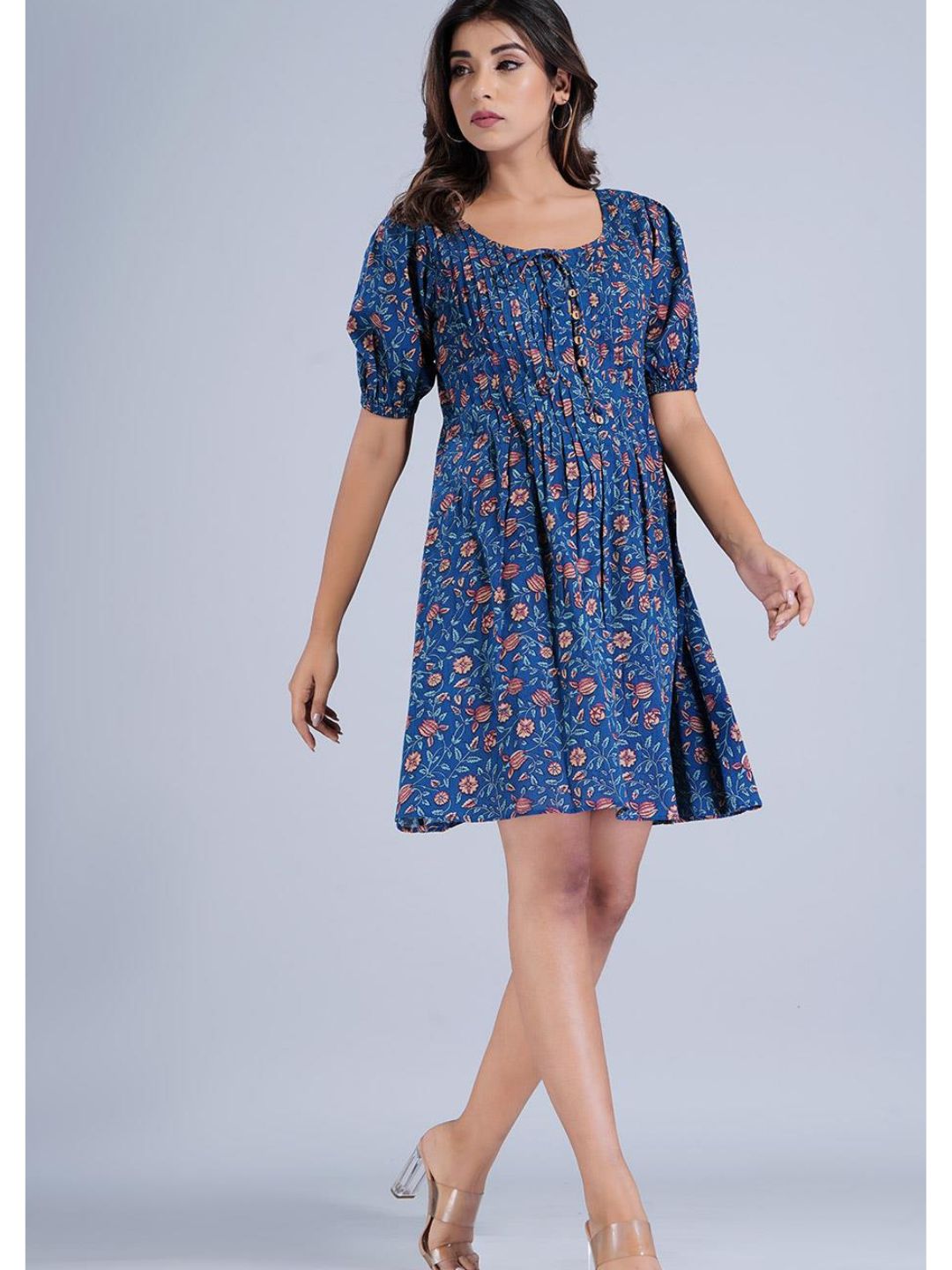 Navy Blue Printed Buttoned Short Pleat Dress