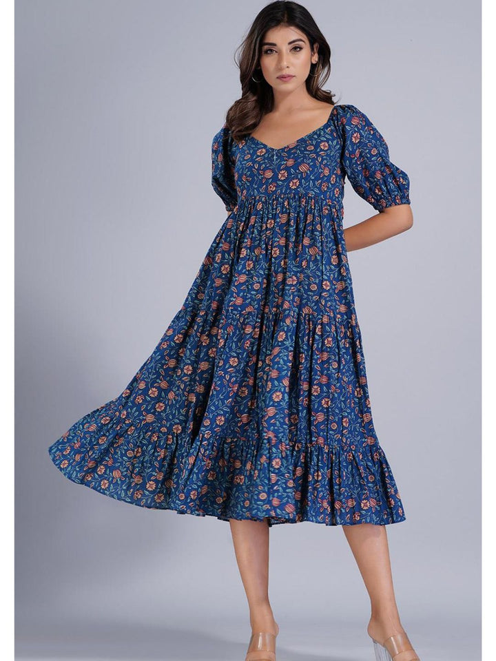 Navy Blue Printed Gather Dress with Deep Back