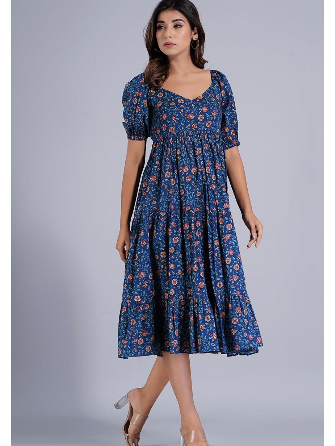 Navy Blue Printed Gather Dress with Deep Back