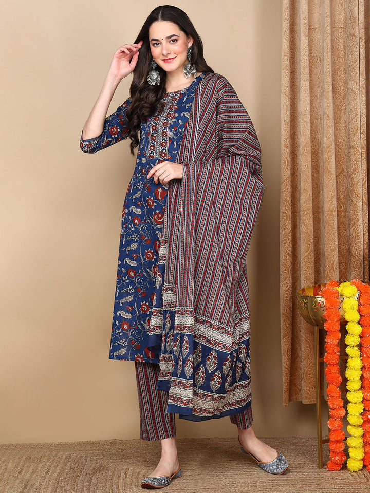 Navy Blue Pure Cotton Floral Printed Flared Kurta Trouser With Dupatta