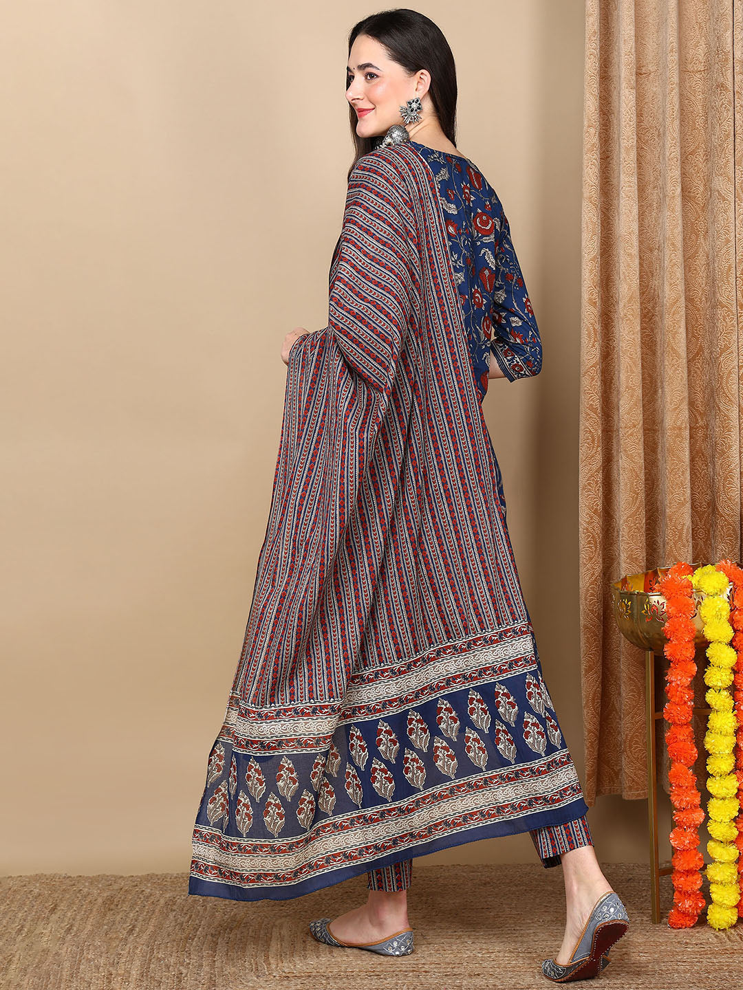 Navy Blue Pure Cotton Floral Printed Flared Kurta Trouser With Dupatta
