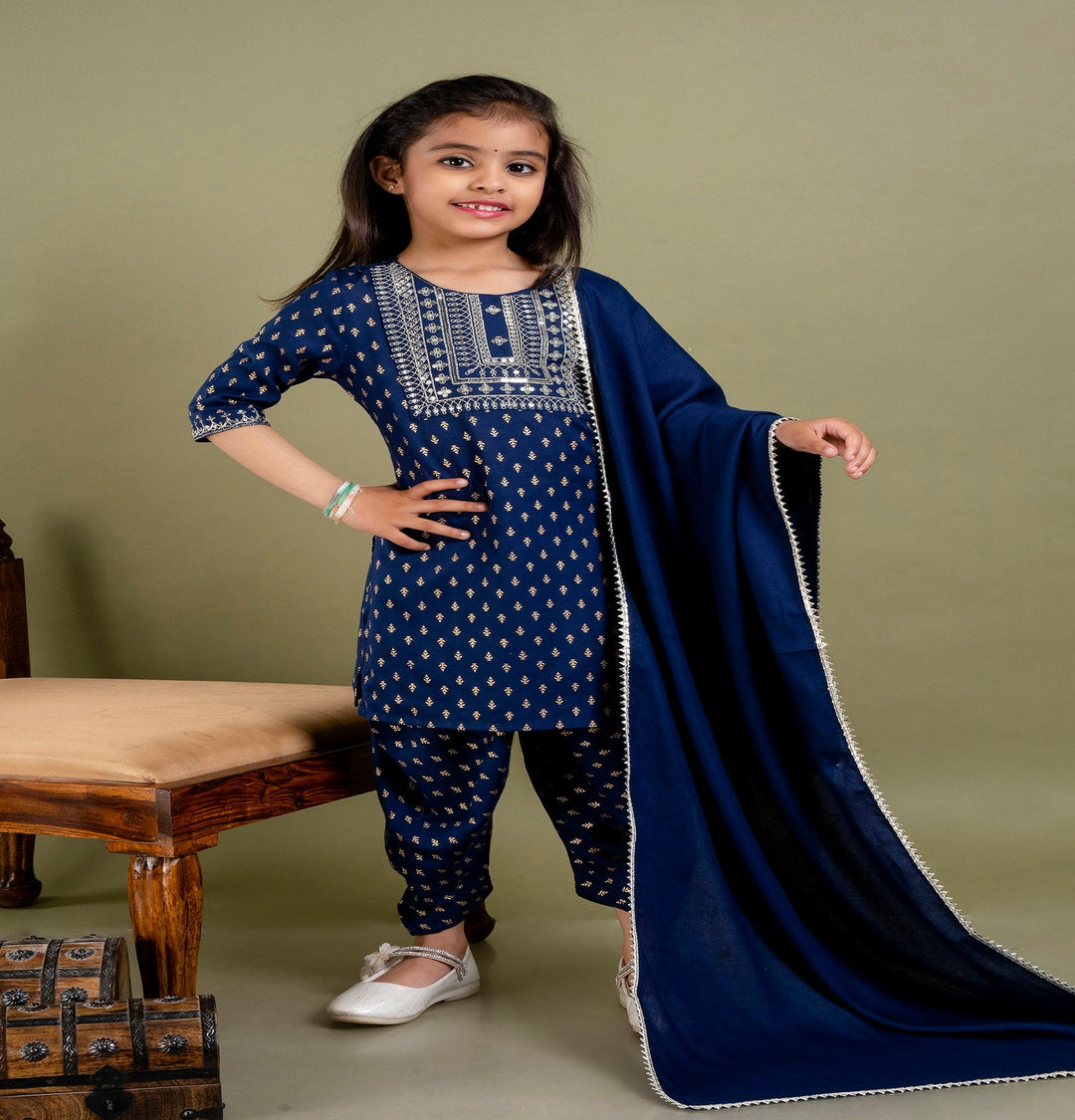 Navy Blue Rayon Embroiderd kurta Set