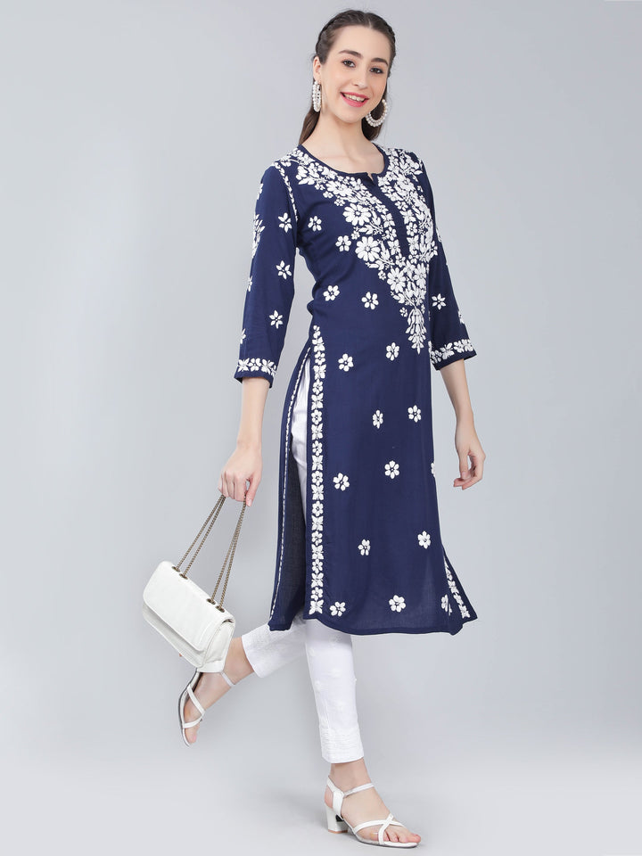 Navy-Blue-Rayon-Kurta-with-White-Chikan-Work