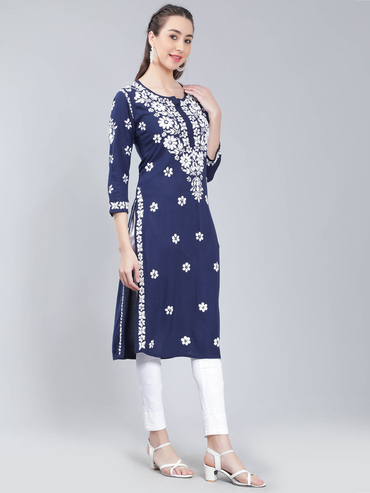 Navy-Blue-Rayon-Kurta-with-White-Chikan-Work