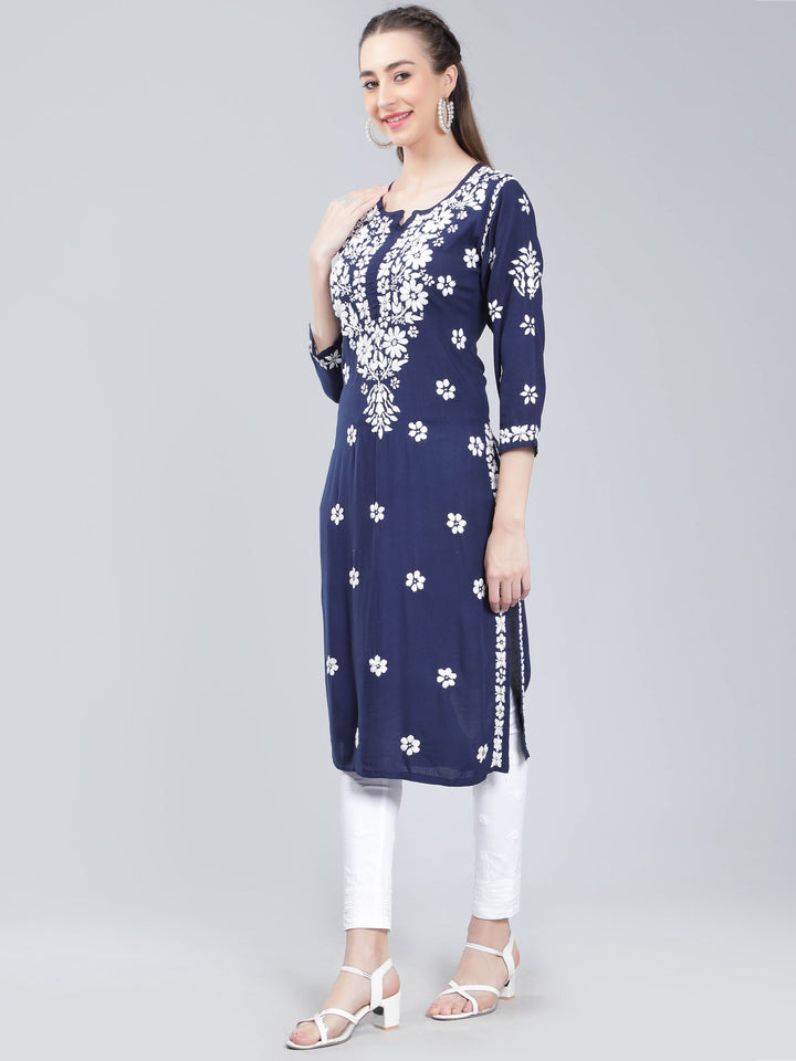 Navy-Blue-Rayon-Kurta-with-White-Chikan-Work