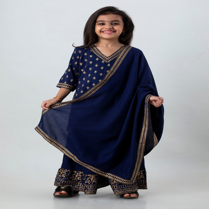 Navy Blue Rayon Printed Kurta Set