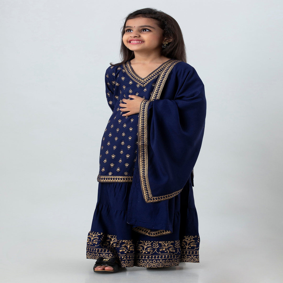 Navy Blue Rayon Printed Kurta Set