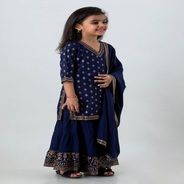 Navy Blue Rayon Printed Kurta Set