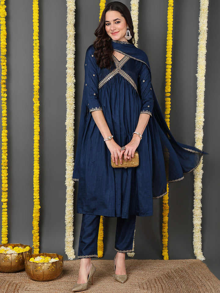 Navy Blue Silk Blend Solid Embroidered Flared Kurta Trouser With Dupatta