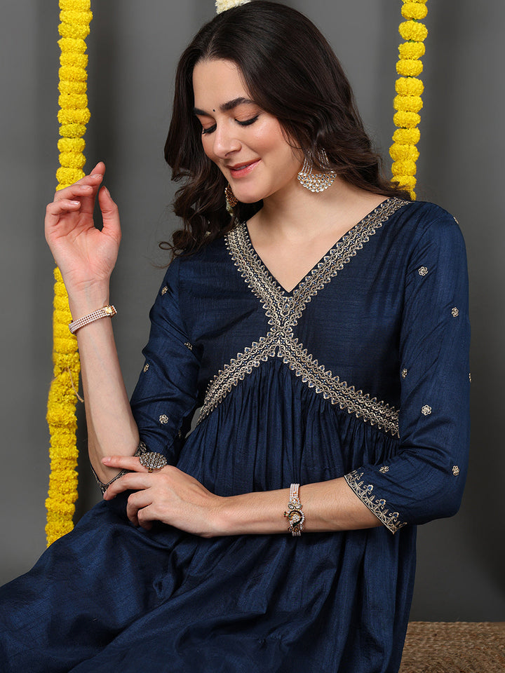 Navy Blue Silk Blend Solid Embroidered Flared Kurta Trouser With Dupatta