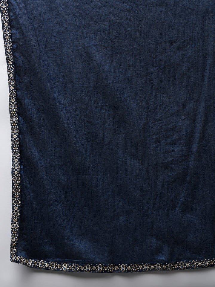 Navy Blue Silk Blend Solid Embroidered Flared Kurta Trouser With Dupatta