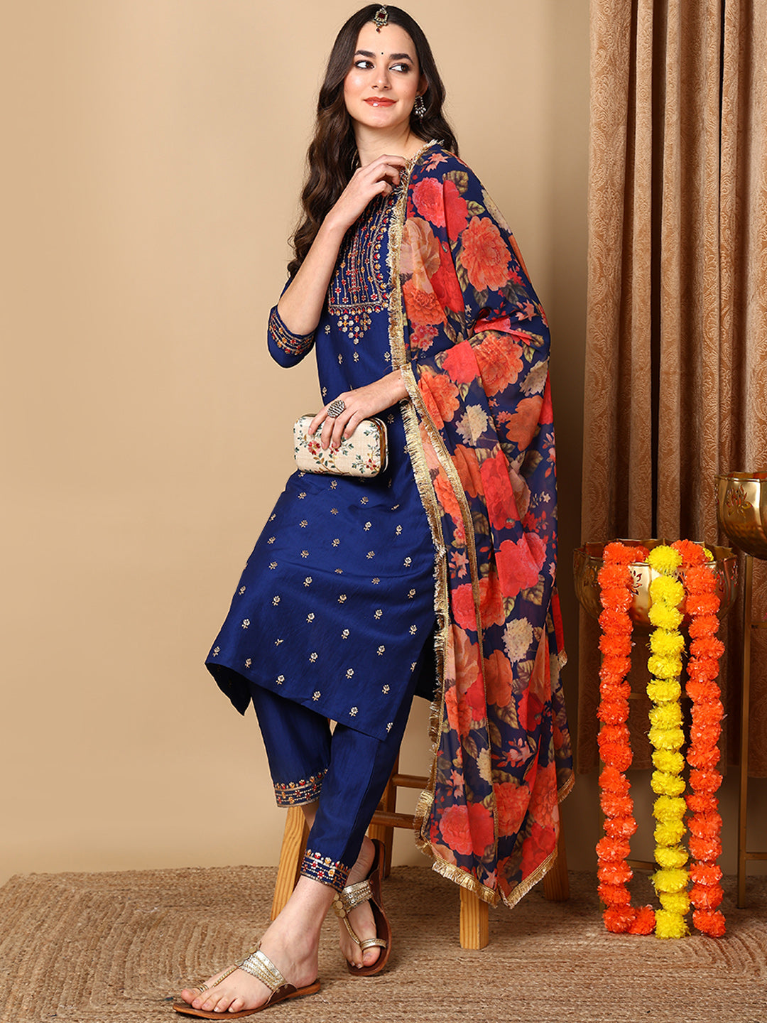 Navy Blue Silk Blend Solid Embroidered Straight Kurta Trouser With Dupatta