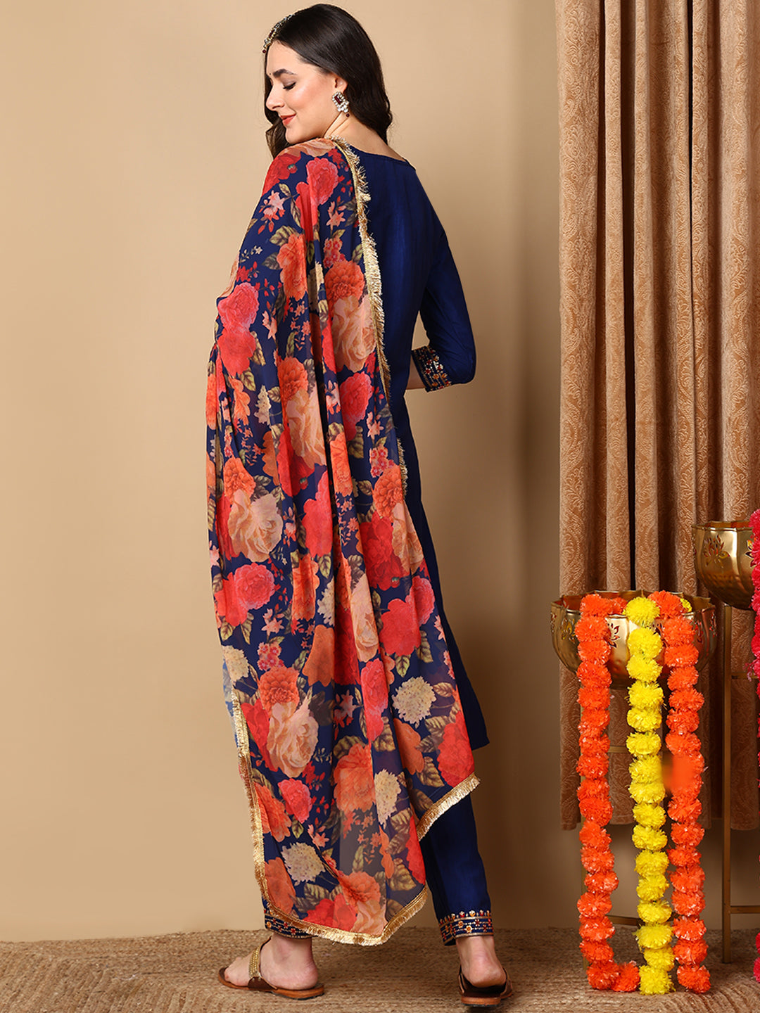 Navy Blue Silk Blend Solid Embroidered Straight Kurta Trouser With Dupatta