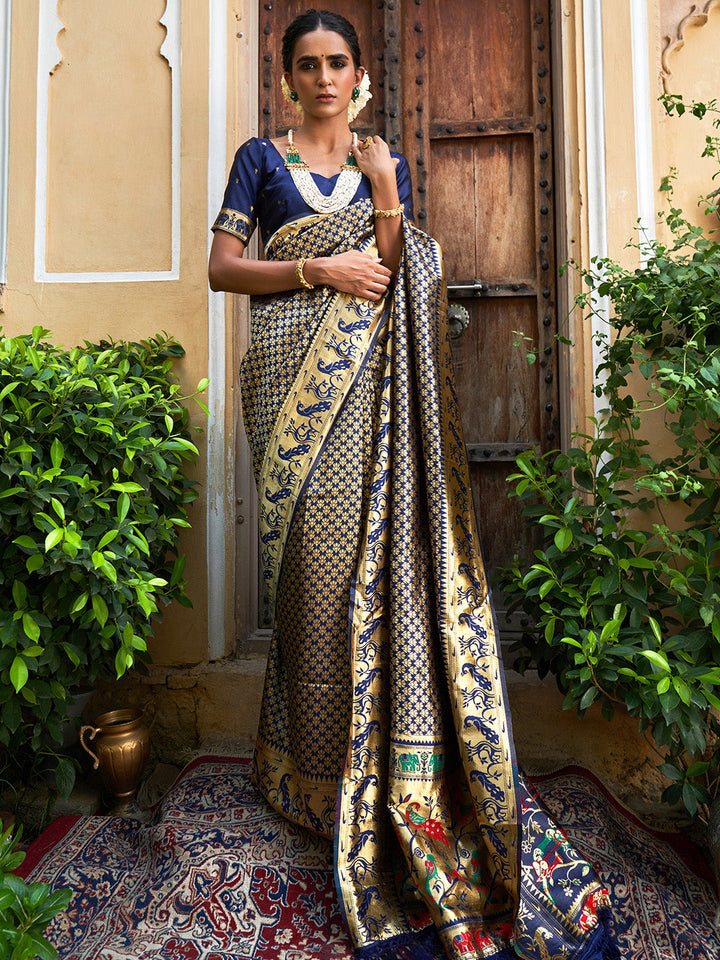 Navy Blue Woven Ethnic Motifs Paithani Silk Festive Saree