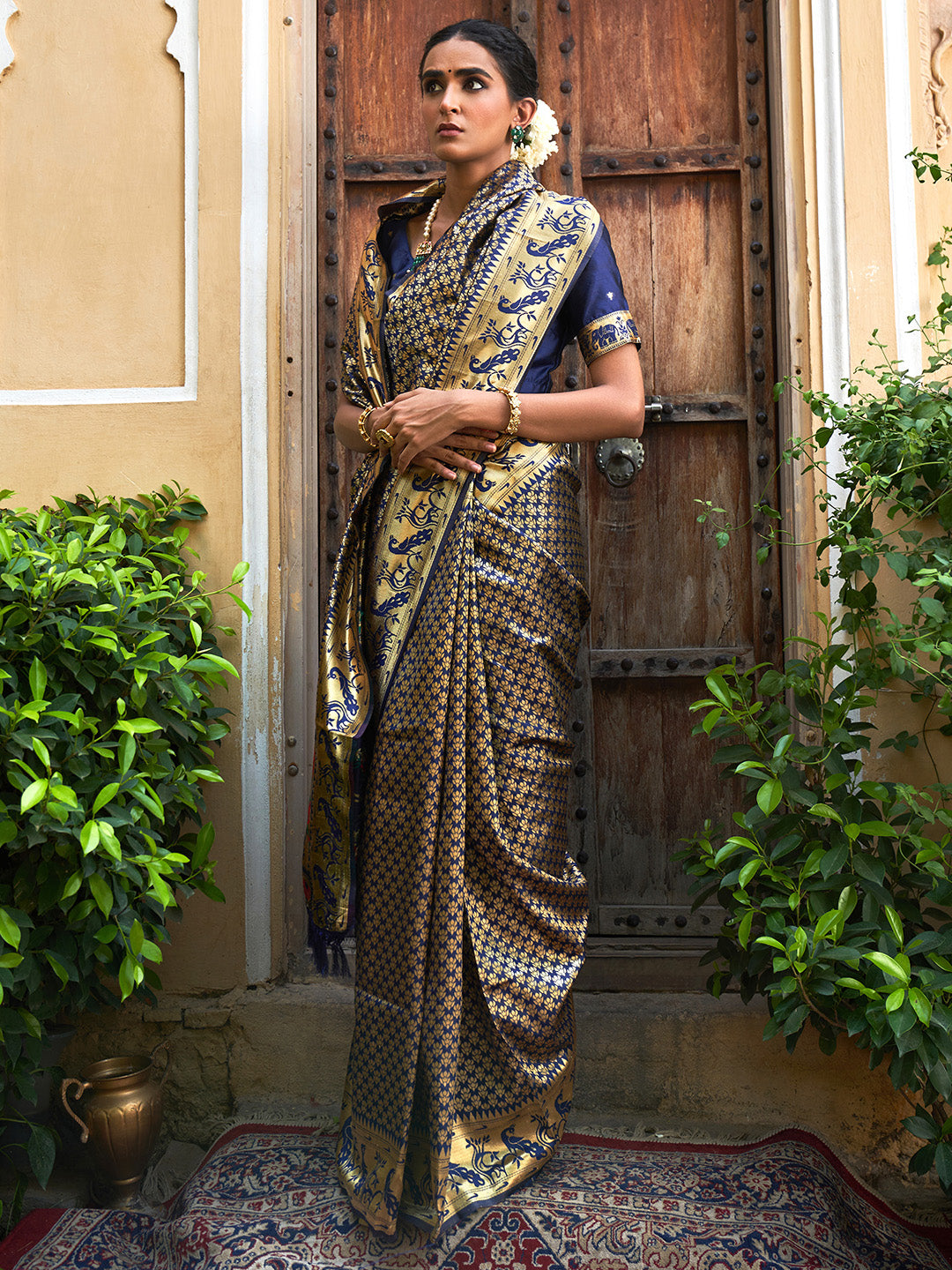 Navy Blue Woven Ethnic Motifs Paithani Silk Festive Saree