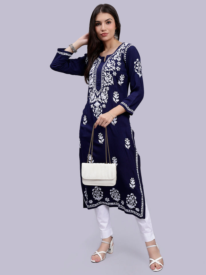 Navy Blue in White Chikankari Threadwork Rayon Kurti