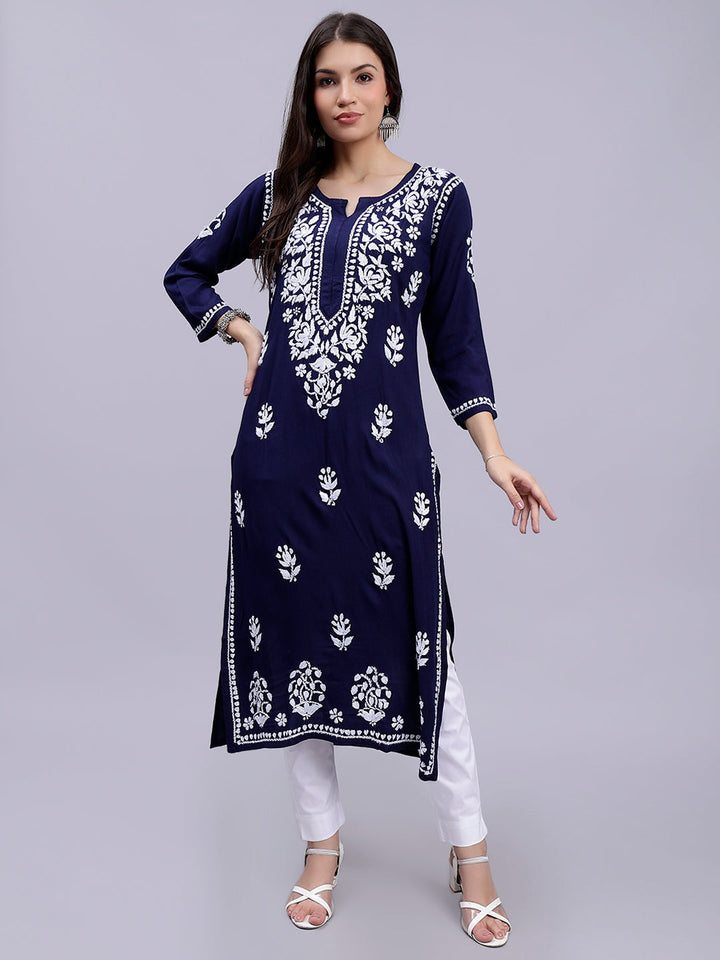 Navy Blue in White Chikankari Threadwork Rayon Kurti