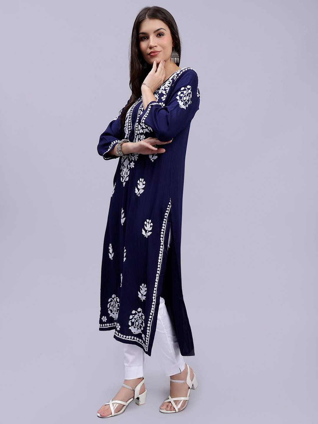 Navy Blue in White Chikankari Threadwork Rayon Kurti